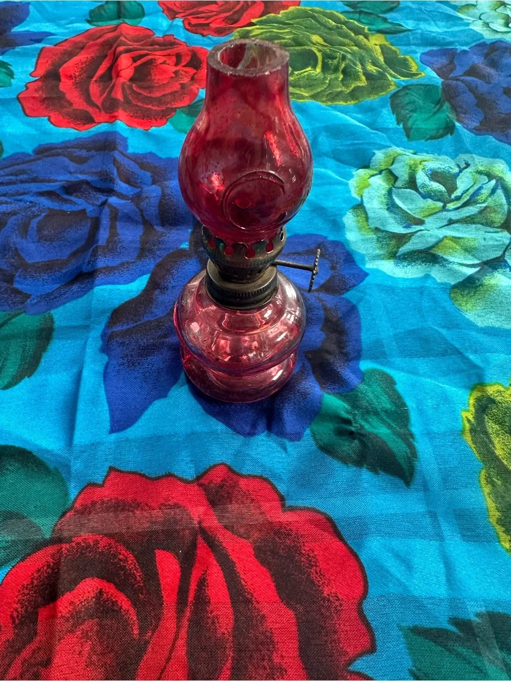 Handmade Red Glass Oil Lamp with Metal Burner